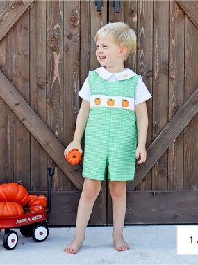 Classic‎ Whimsy Paradise Pumpkin Smocked Green Windowpane Plaid Jon Jon 24M